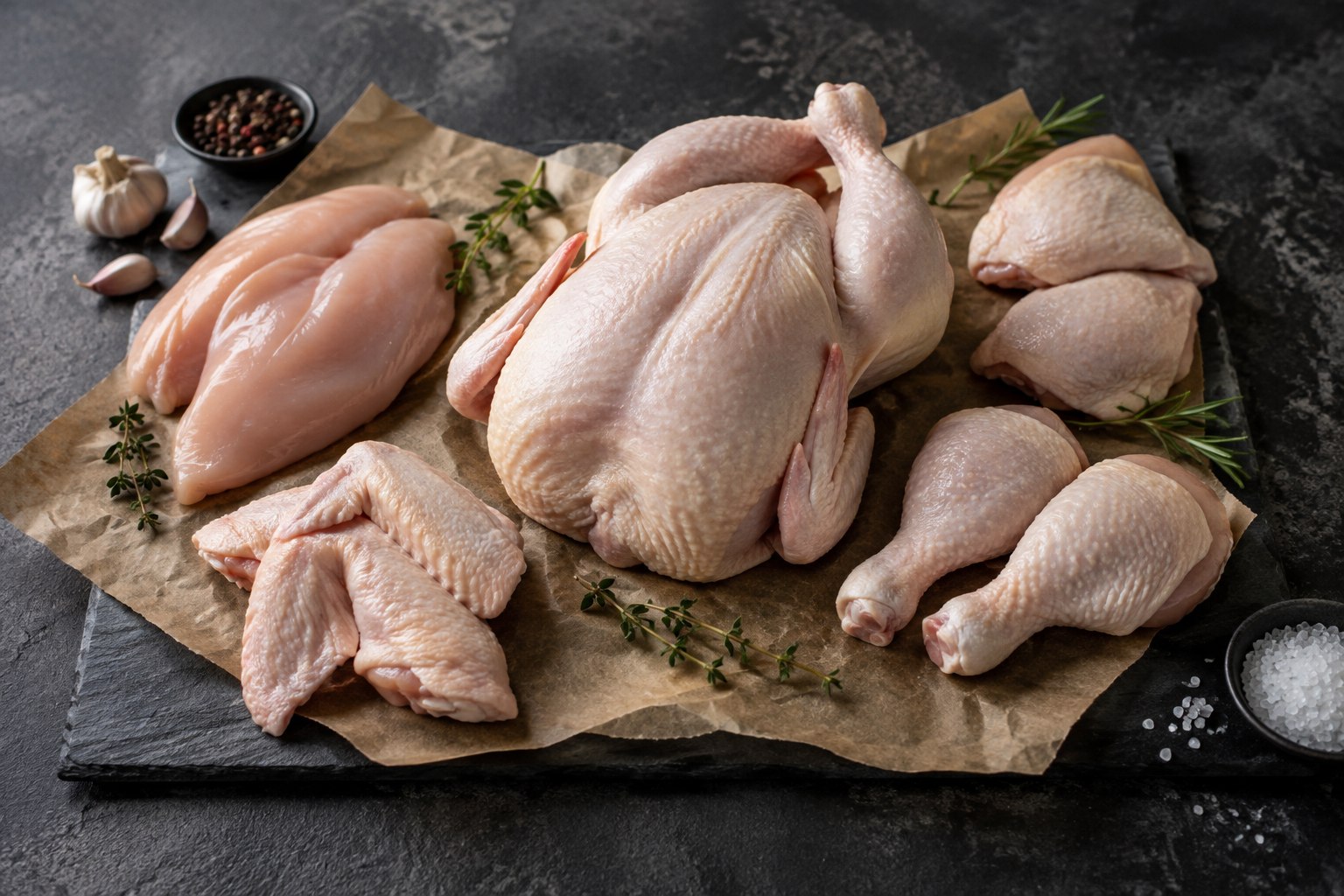 Cortes de pollo sobre una mesa; imagen ilustrativa